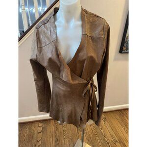 Stina Sayre Design Leather Distressed Hem Tie Wrap Jacket Brown Size Small